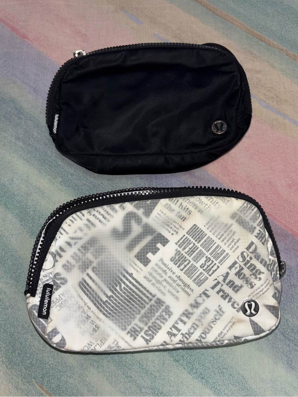 (2) Lululemon Everywhere Belt Bag 1L Regular strap Black White Manifesto & black
